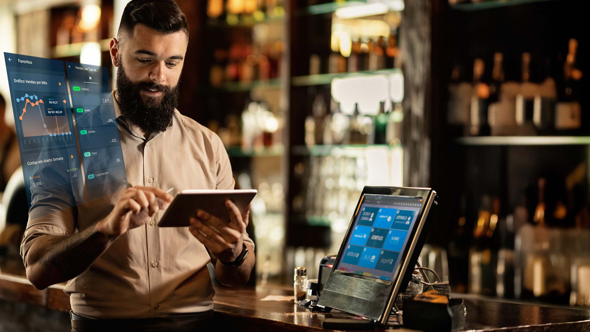 Dono de um bar dentro de seu estabelecimento, com um tablet na mão analisando estatísticas no seu sistema de gestão mobile. Há também uma tela com o sistema ERP Shop 9 integrado.