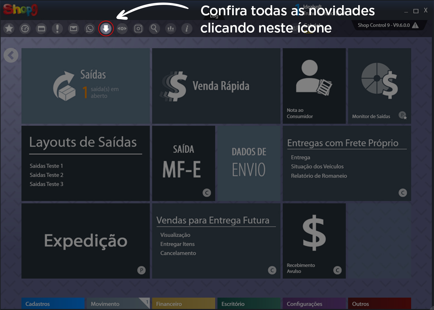 Tela do sistema Shop 9, com uma seta apontando para o ícone de download, onde é possível baixar o boletim de novidades.